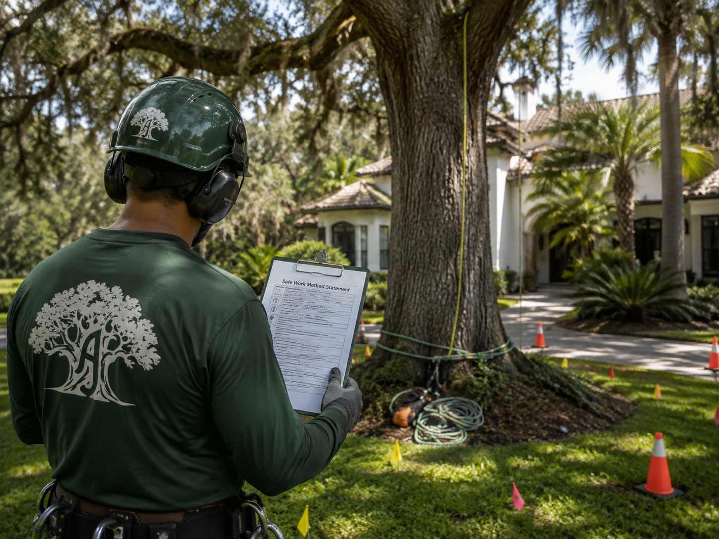 Arborist holding a Safe Work Method Statement beside a large tree before tree work in Jacksonville