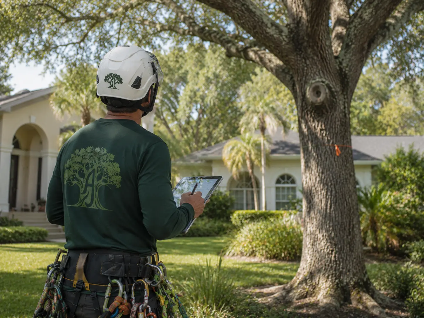 Our arborists rigging a limb out of a Jacksonville back yard
