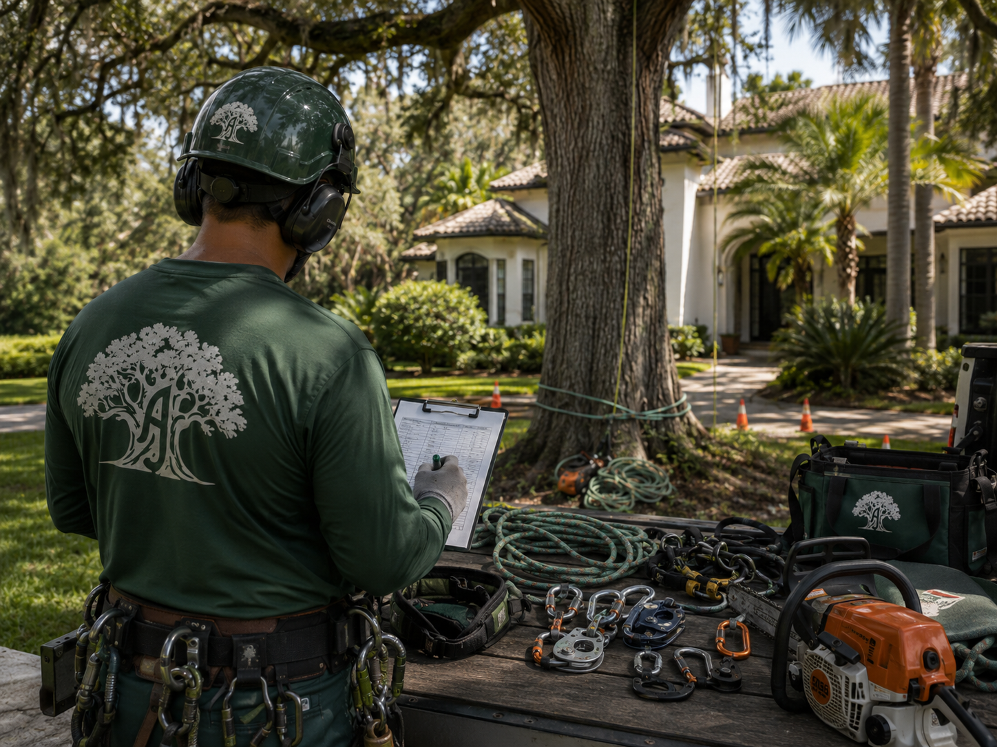 Climbing ropes, harness, slings and a chainsaw laid out for the morning gear inspection