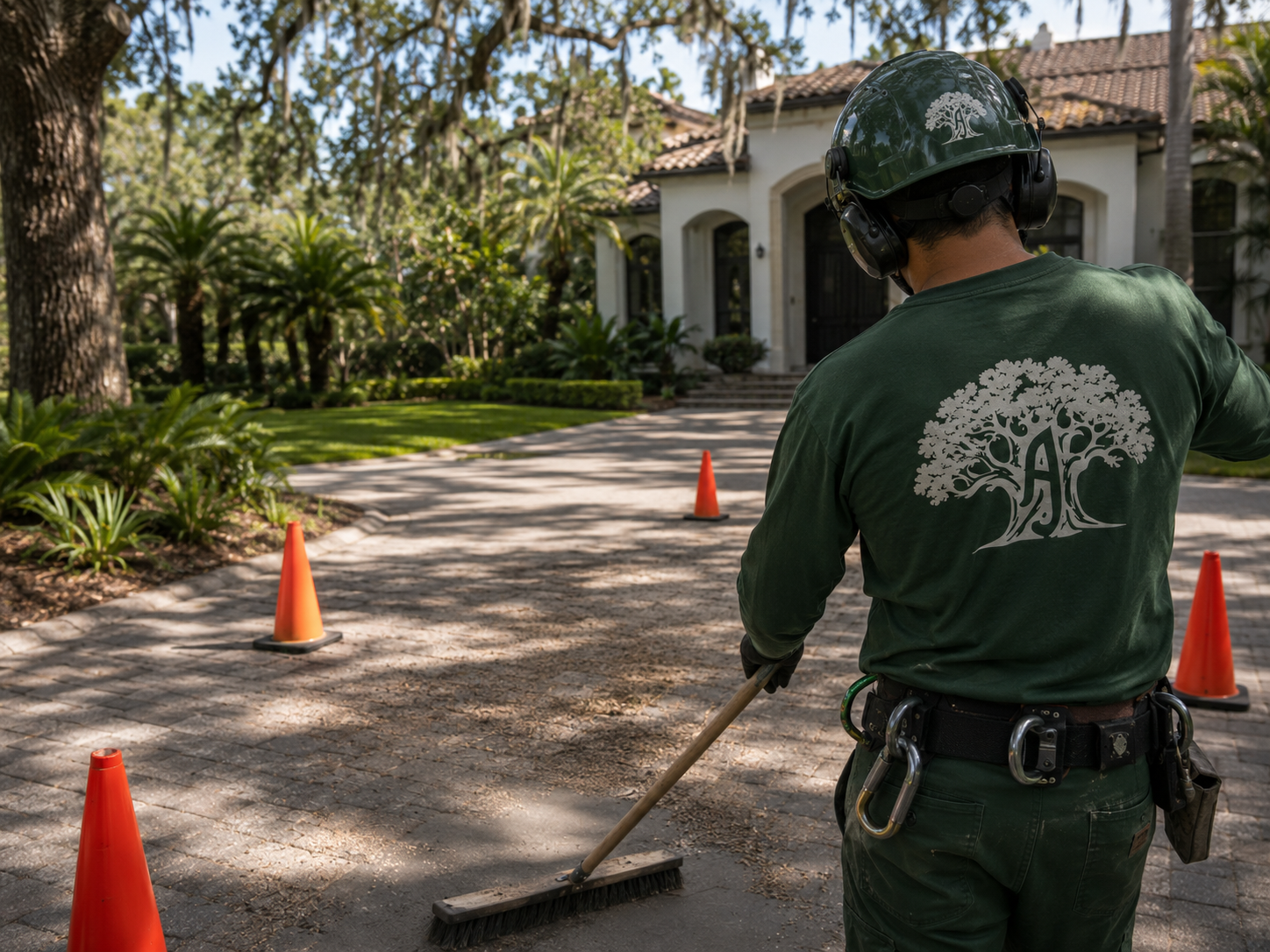 Arborist sweeping wood chips off a driveway inside a coned exclusion zone after the job